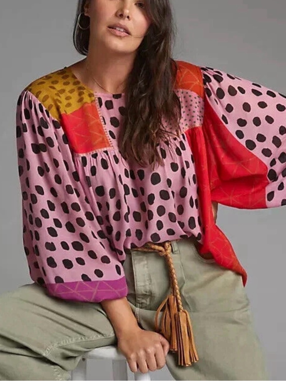 Bl^nk LONDON Blouse Women's Large Multicolor Patchwork Polka Dot Boho Tunic